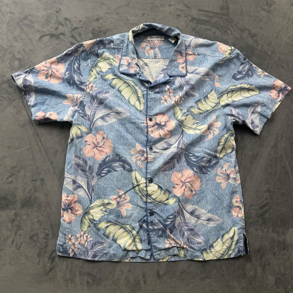 Tommy Bahama IslandZone Mens Large Blue Silk Blend Tropical Floral Camp Shirt